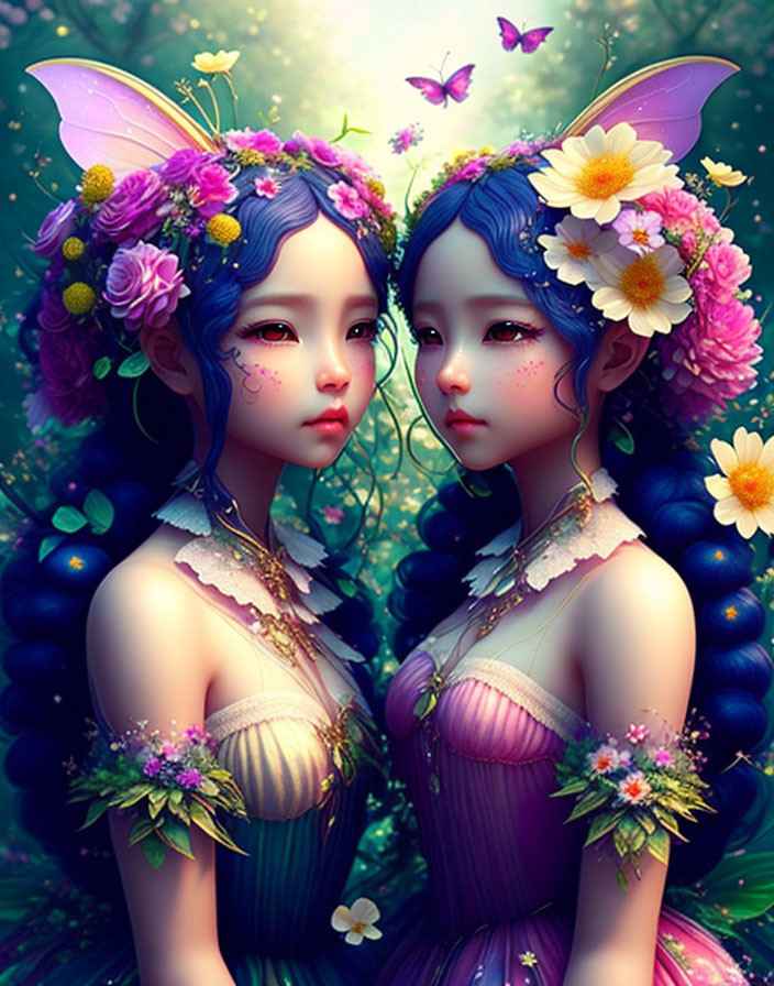 Twin fantasy females with blue hair in floral dresses and butterfly wings in magical forest