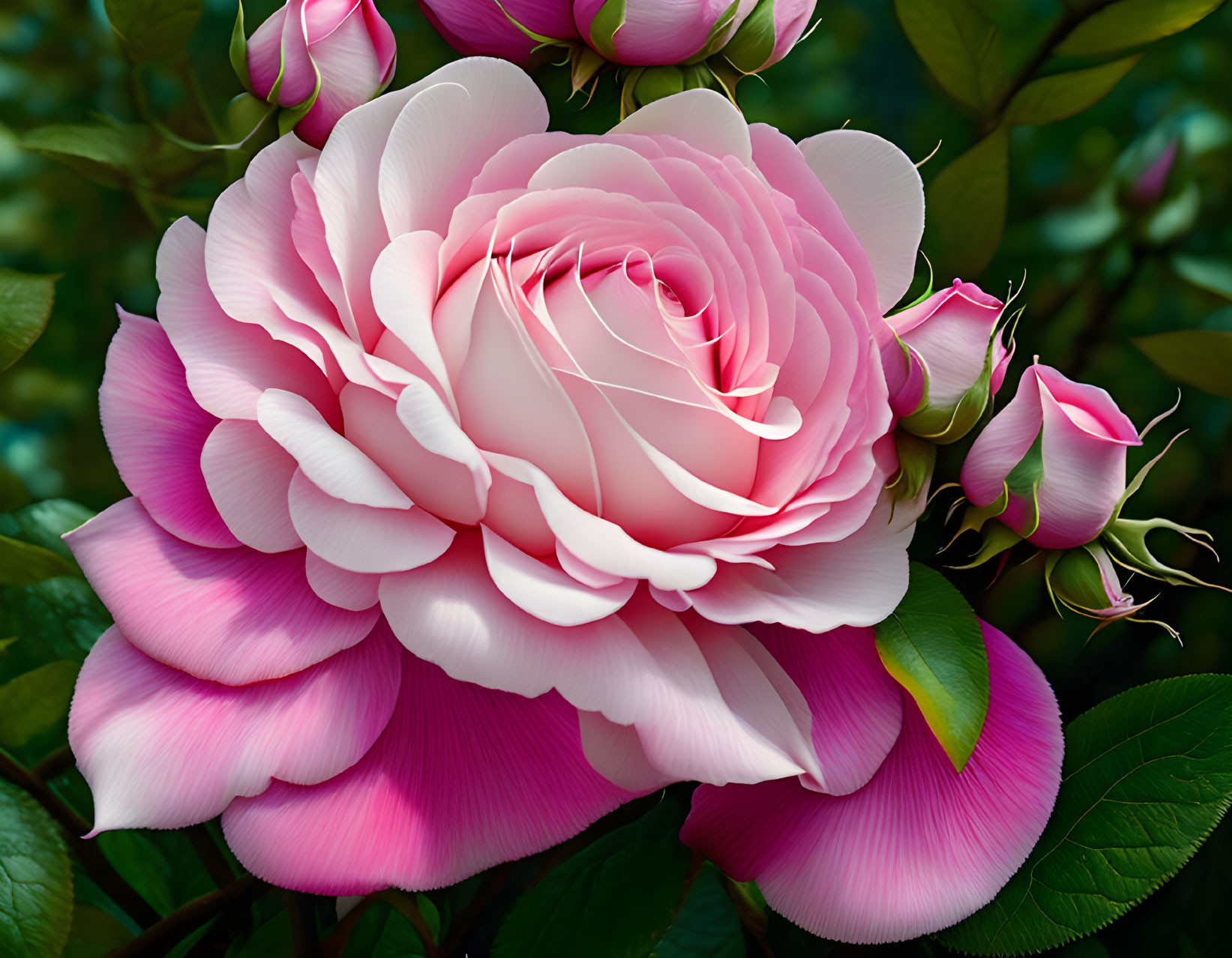 Pink and White Rose with Delicate Petals and Rosebuds on Green Foliage