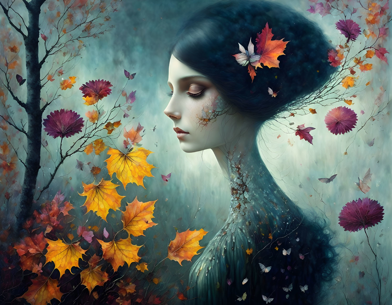 Woman with swirling autumn leaves in surreal forest setting