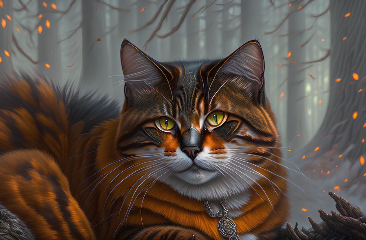 Detailed digital artwork: Orange-brown striped cat with green eyes in mystical forest