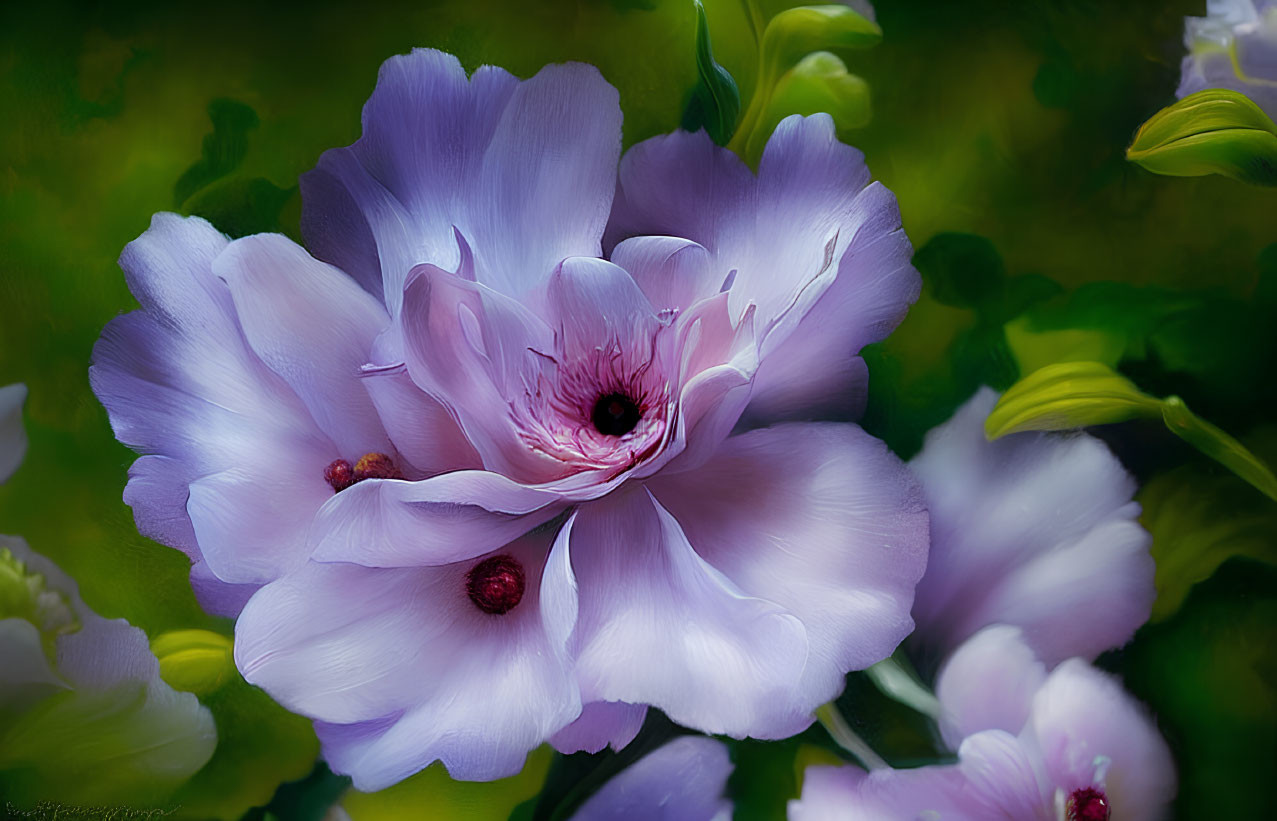 Delicate lavender flower with vivid pink center and soft-focus greenery