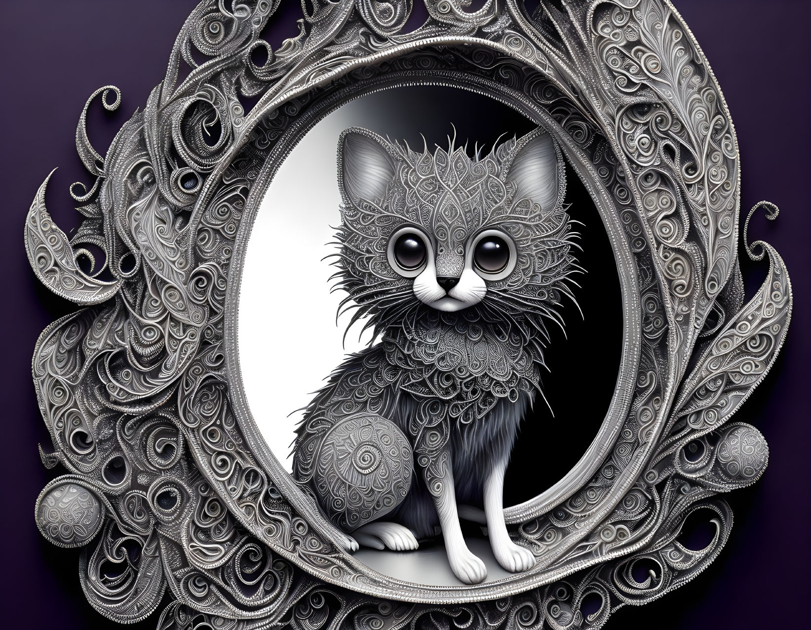 Fluffy Cat Illustration in Baroque Frame on Purple Background