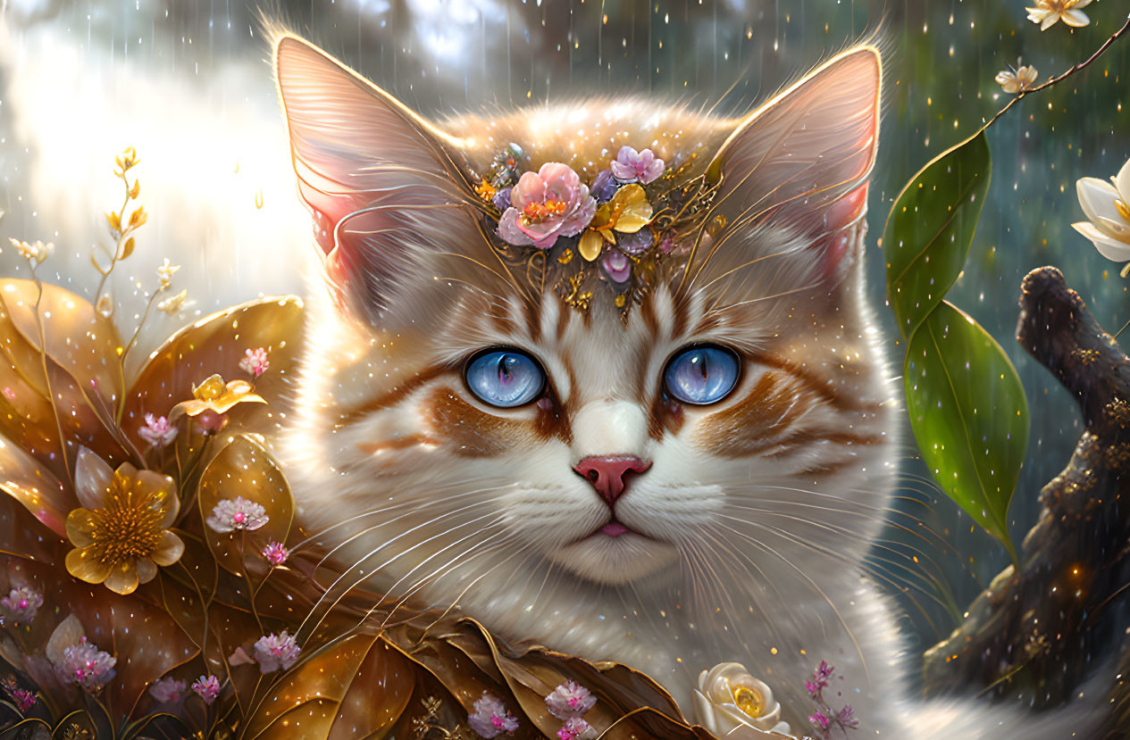 Whimsical cat illustration with blue eyes and floral crown in golden flower setting