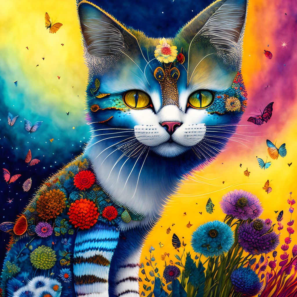 Colorful Cat Art with Floral and Cosmic Theme