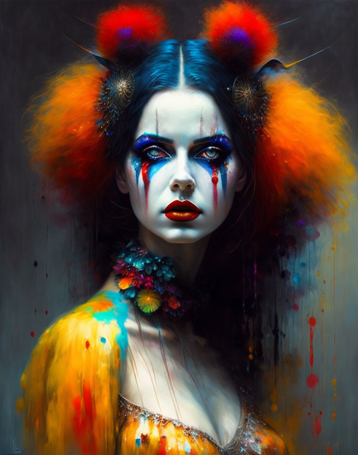 Colorful digital painting of a woman with striking makeup and fluffy head adornments on dark backdrop