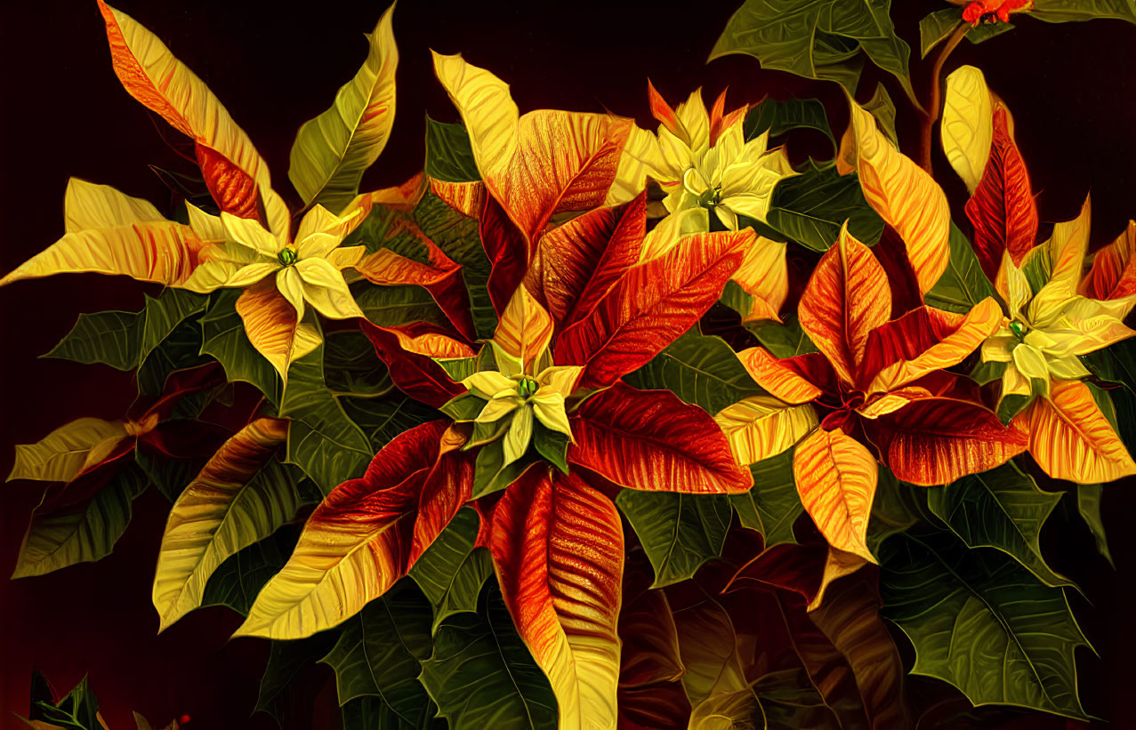 Colorful poinsettias in red and yellow against dark backdrop