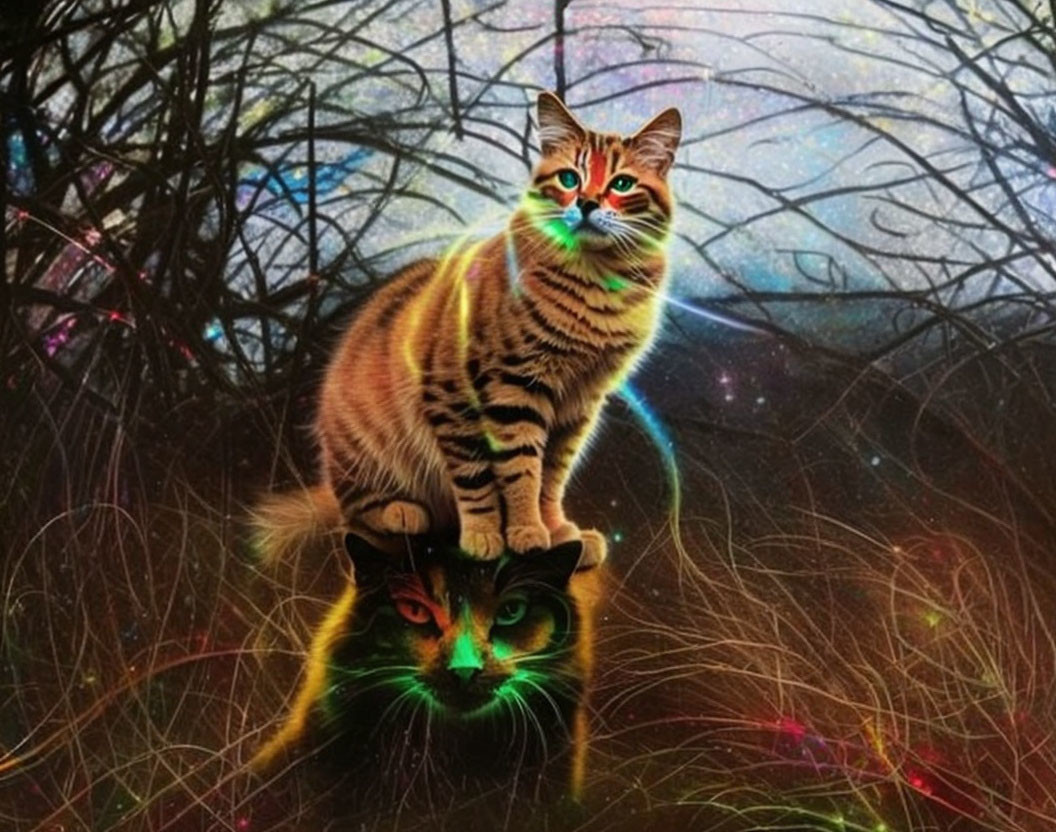 Colorful-eyed cat perched on cosmic reflection in digital art