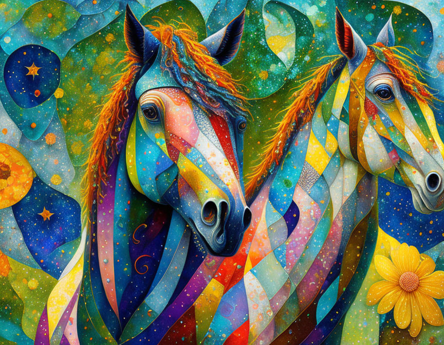 Vibrant painting of two horses with cosmic motifs and bold lines