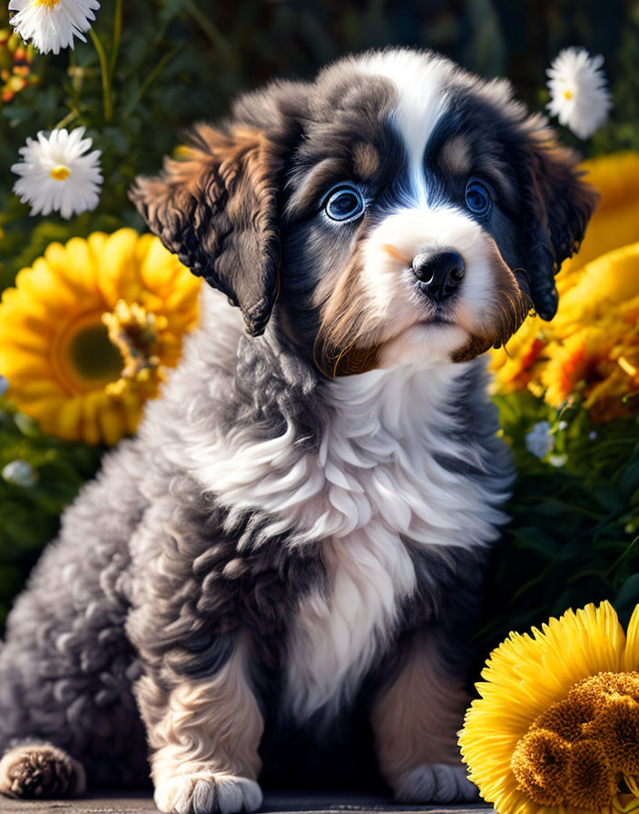 Brown and White Puppy Among Sunflowers and Daisies with Blue Eyes