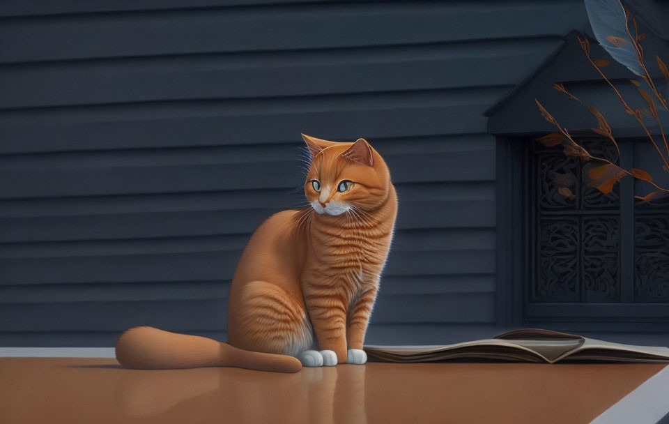 Orange Tabby Cat with Blue Eyes Next to Open Book on Wooden Surface