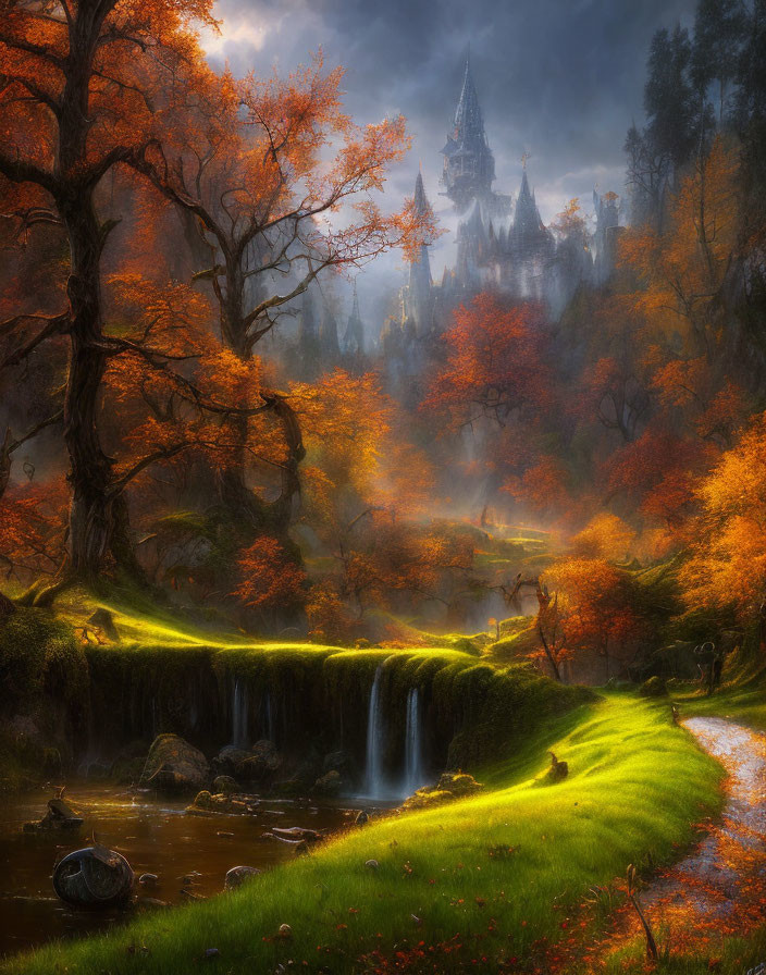 Glowing forest, cascading waterfalls, castle, boat in tranquil river