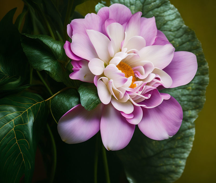 Close-up of Pink and White Lotus Flower with Golden Center