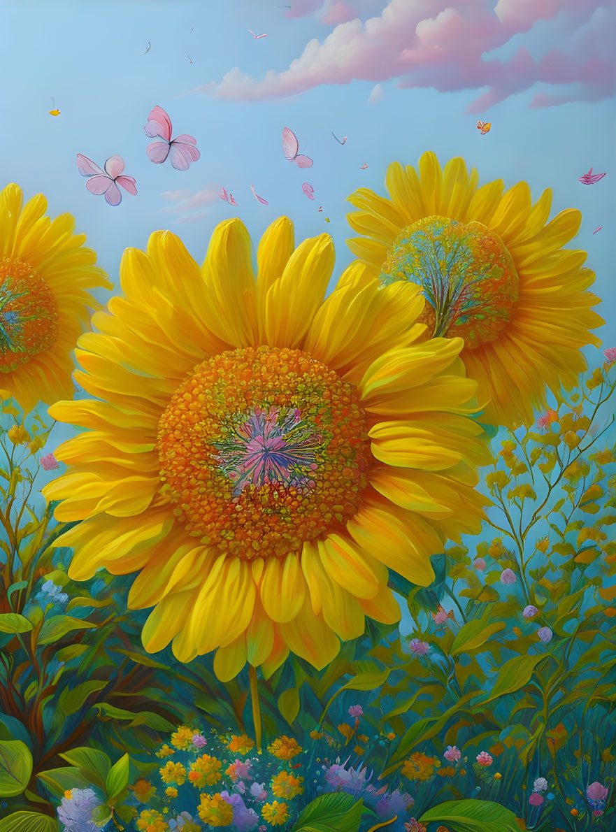 Colorful sunflowers, butterflies, and blue sky painting with fluffy clouds and dandelion-like trees