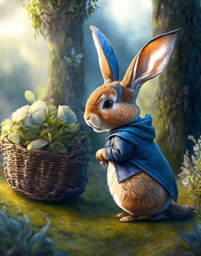 Anthropomorphic rabbit in blue jacket with cabbages and butterfly in forest.