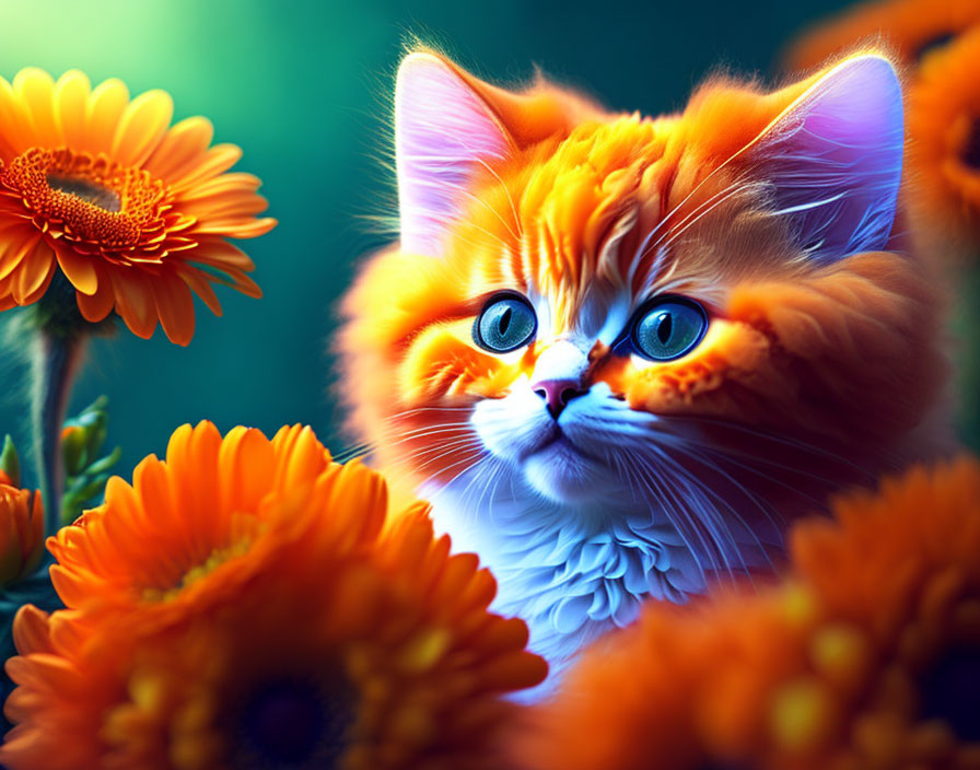 Fluffy orange cat with blue eyes and gerbera flowers on teal background