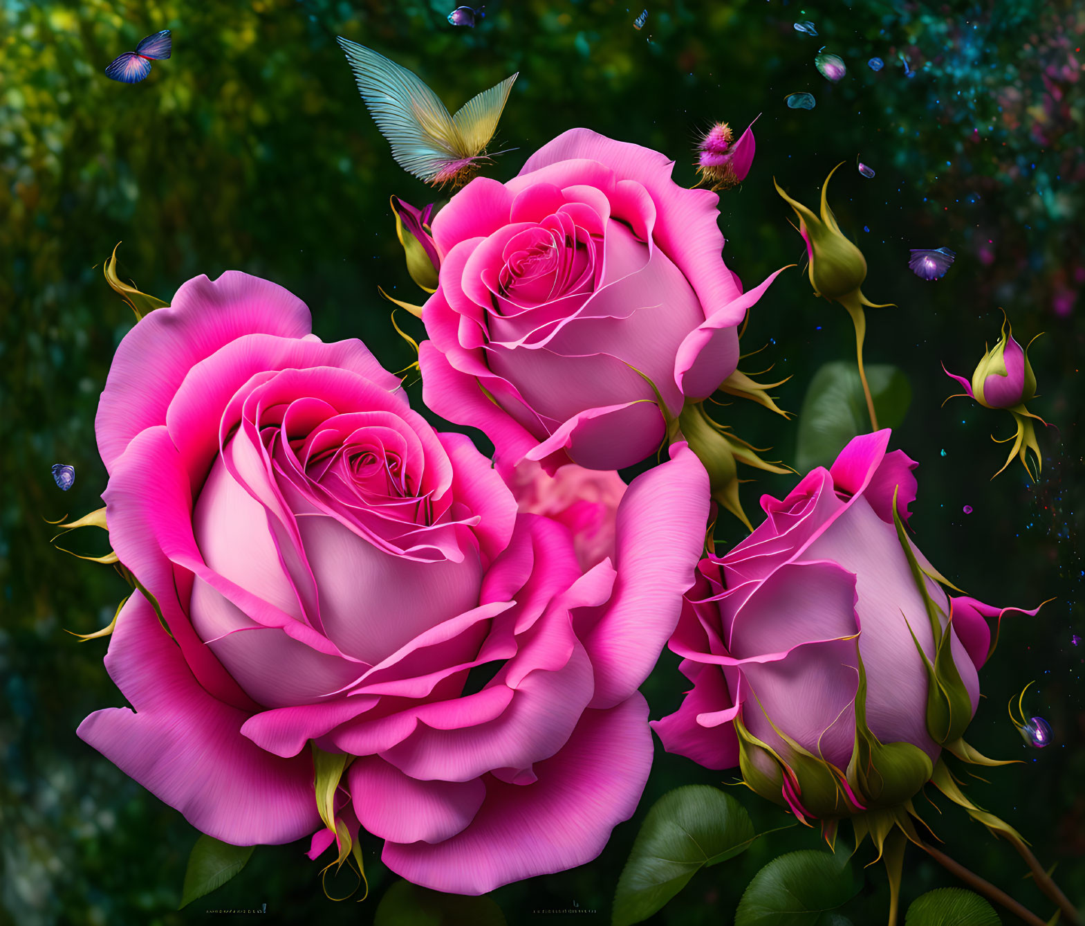 Vibrant pink roses, budding flowers, and butterflies on dark foliage.