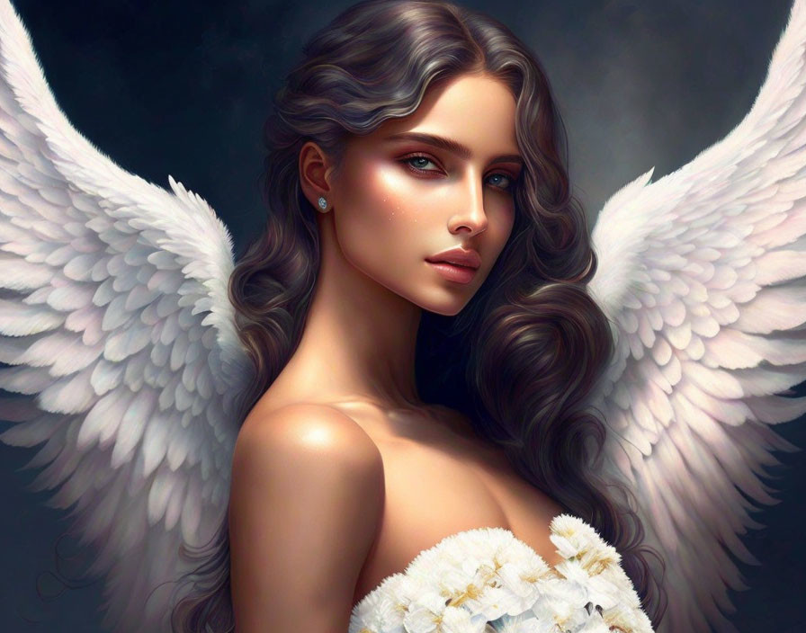 Illustrated female angel with large wings and white flowers on dark background