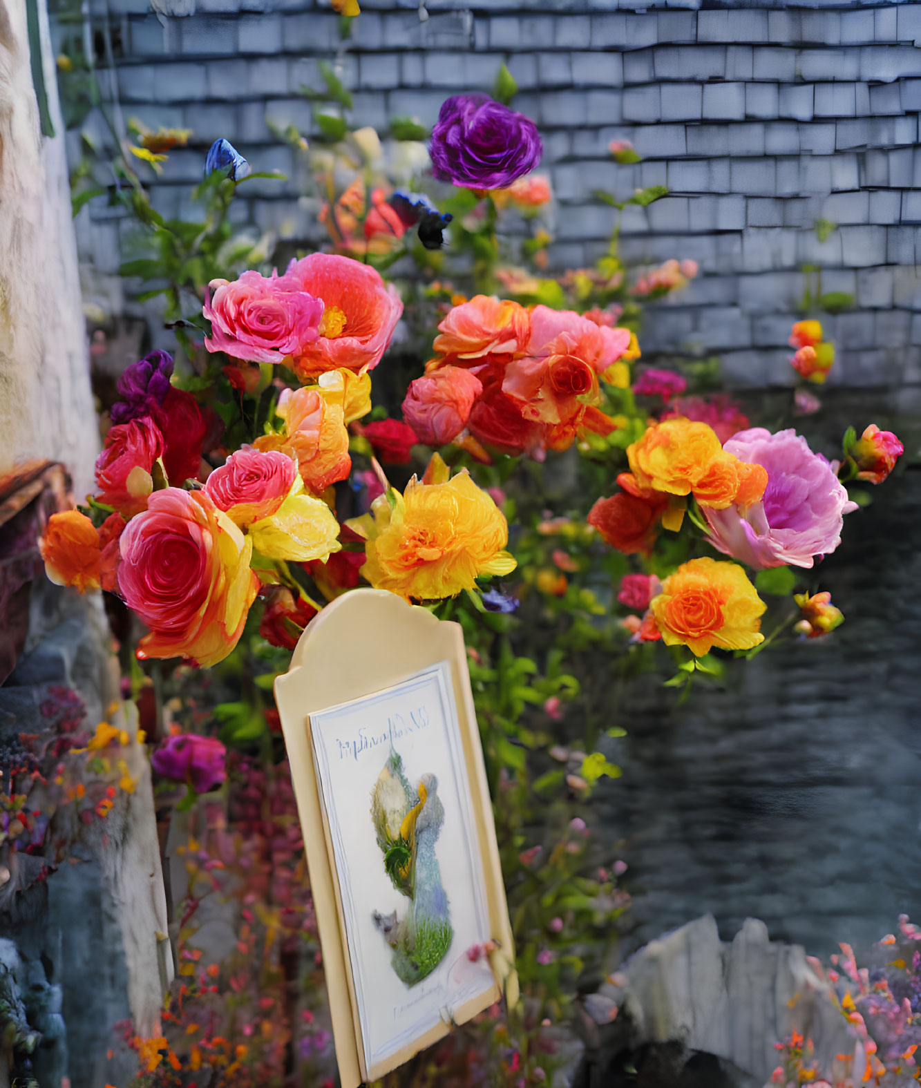 Colorful bouquet with vibrant roses and other flowers near a book with a rabbit illustration.