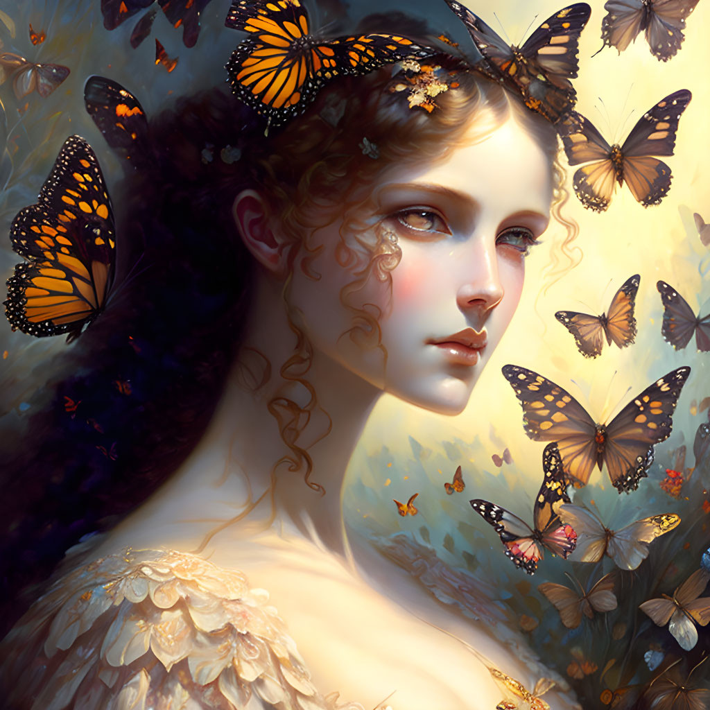 Digital painting of woman with butterflies in curly hair evoking serene, mystical ambiance