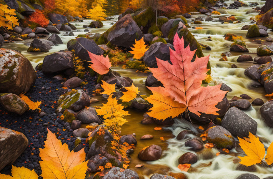 Scenic forest river with autumn leaves on rocks