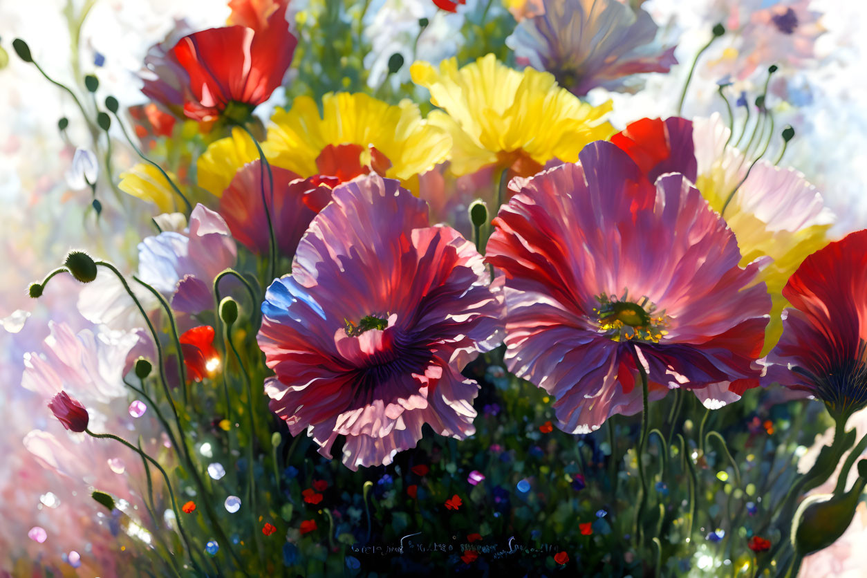 Colorful Flower Field Painting with Large Red and Purple Blooms