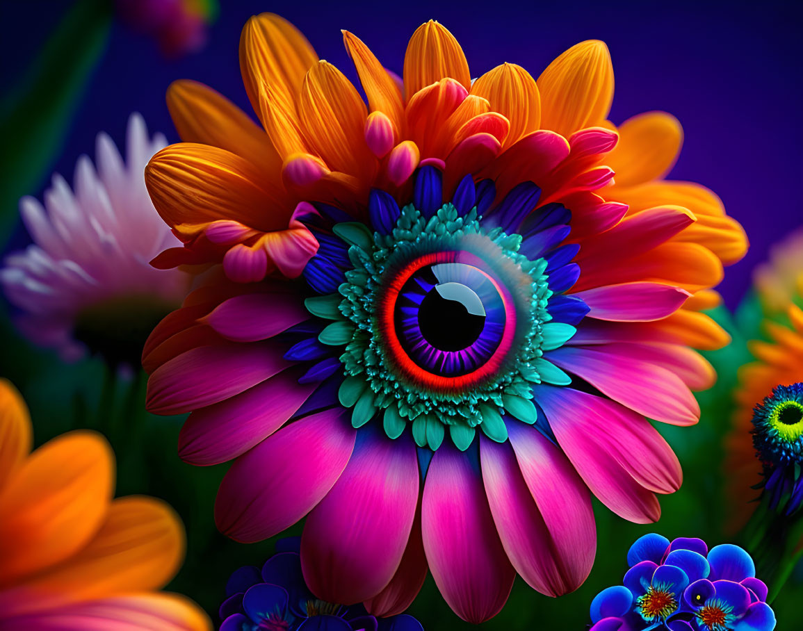 Colorful surreal flower with detailed eye at center in orange, pink, and blue.