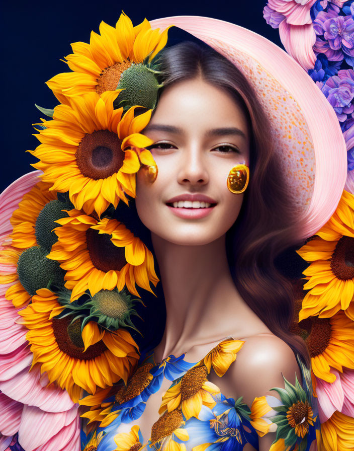 Woman with Sunflower-Themed Makeup and Attire in Summery Vibes