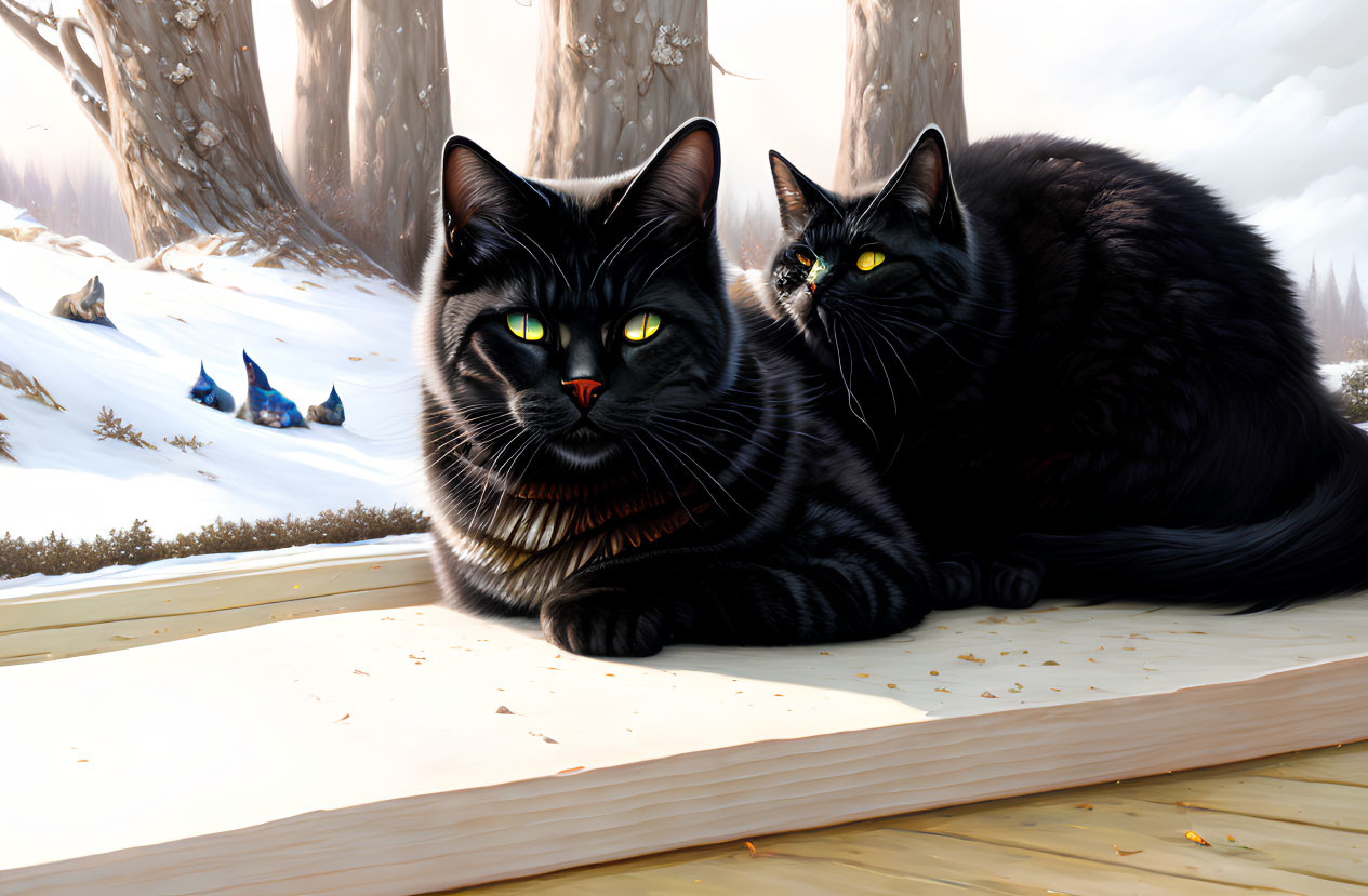 Two Black Cats with Yellow Eyes on Snowy Forest Ledge