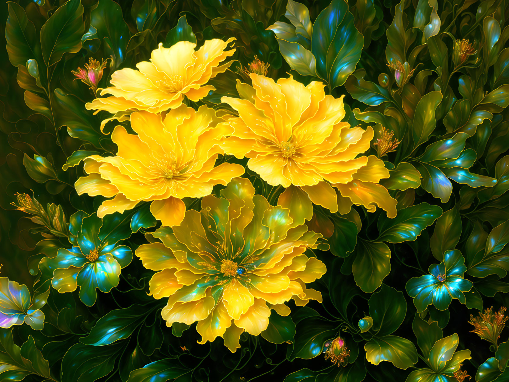 Colorful digital artwork featuring yellow flowers, green foliage, and blue accents