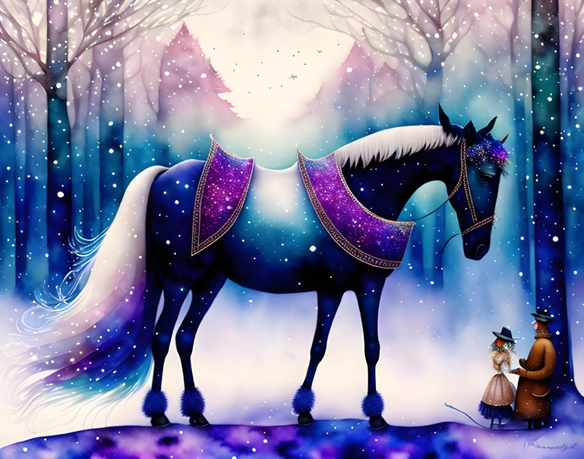 Majestic horse illustration with violet hues in snowy forest