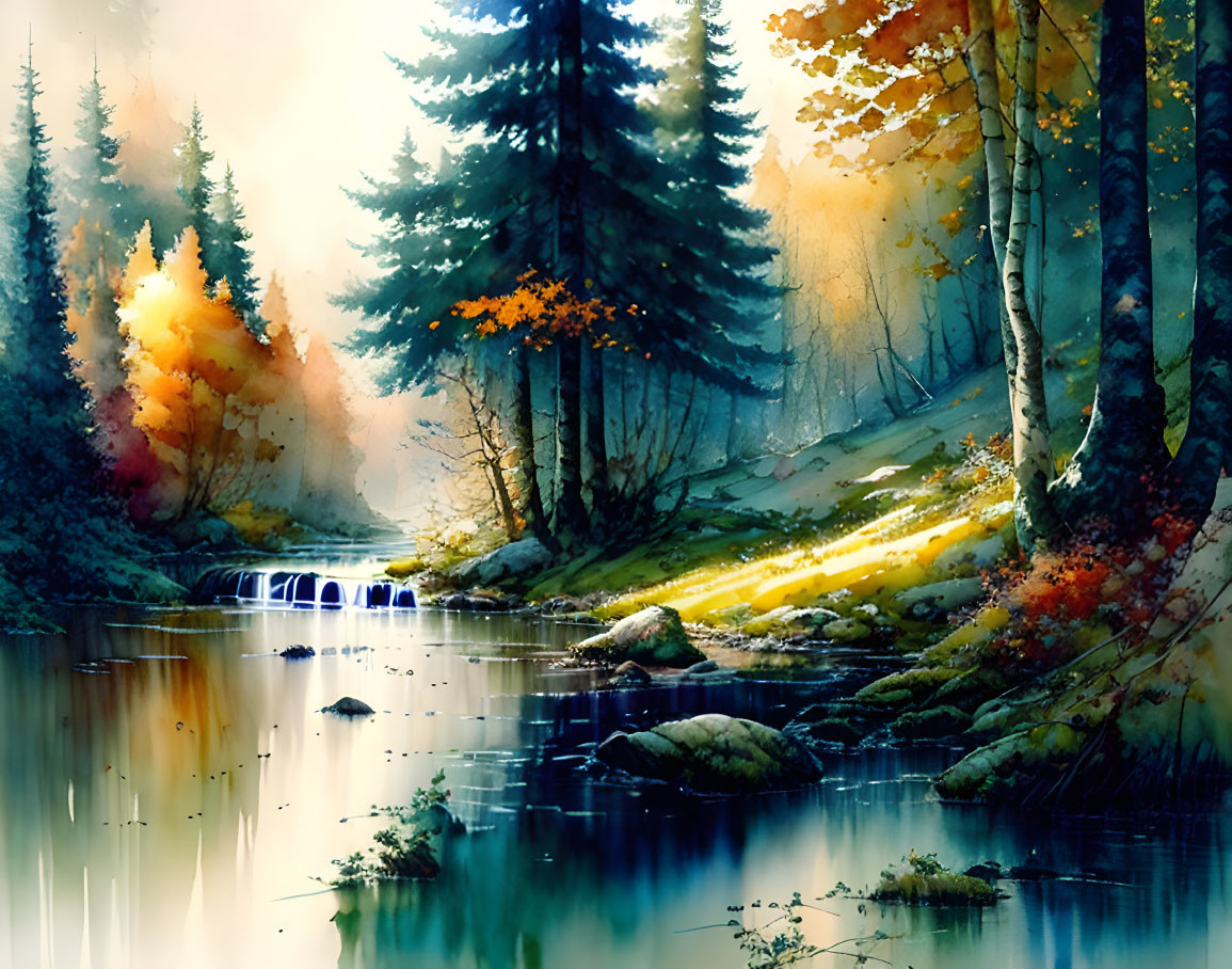 Tranquil autumn forest with waterfall, river reflection, colorful foliage