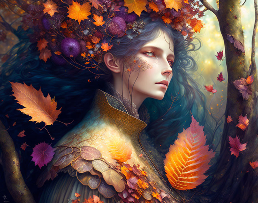 Fantastical female figure with autumn leaves in hair and leafy armor in golden forest.