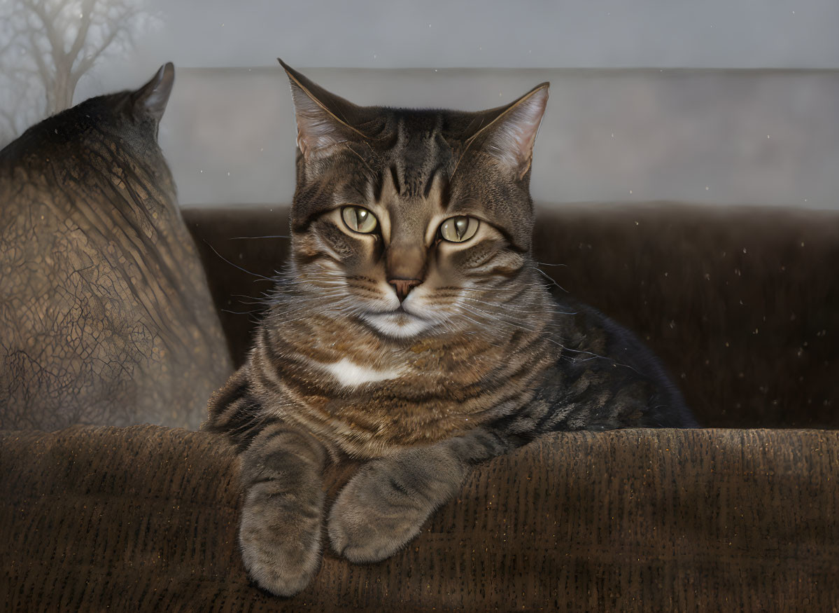 Tabby cat on brown sofa with raindrops visible.