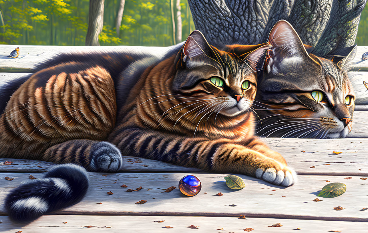 Realistic tabby cats on wooden surface with marble and fallen leaves in dappled sunlight