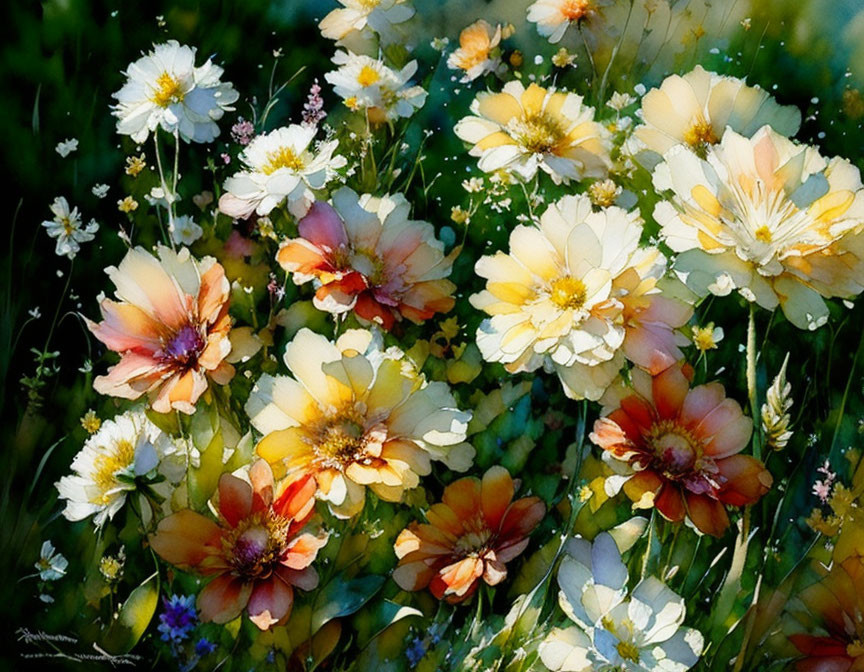 Lush Field Watercolor Painting with White and Yellow Flowers