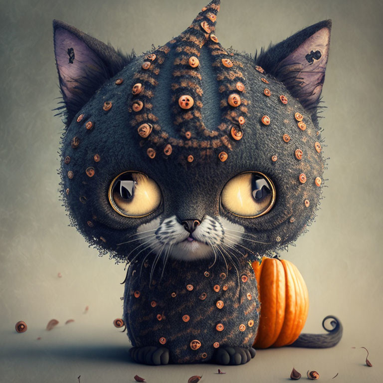 Whimsical digital artwork of grey cat with Halloween decorations