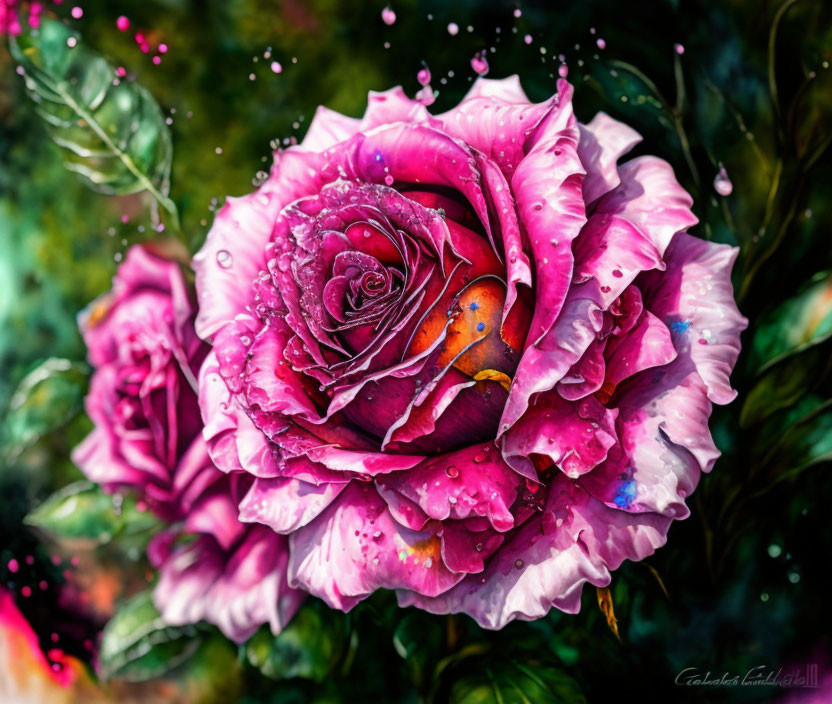 Colorful digital artwork: Dewy pink rose with butterfly in vibrant setting