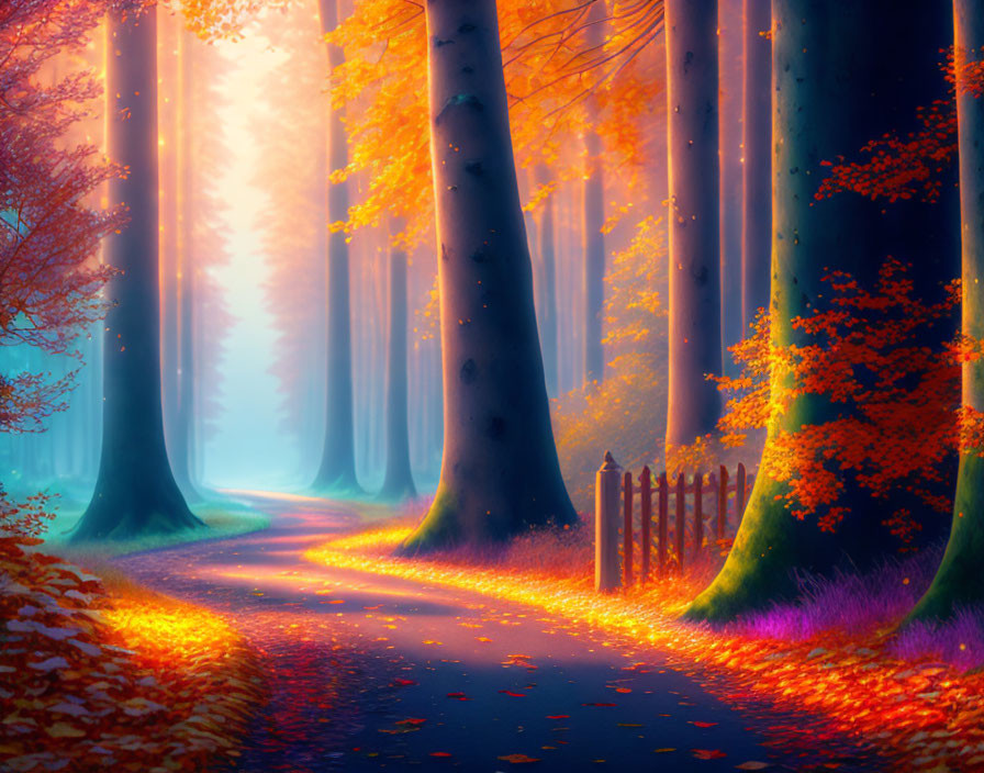 Vibrant autumn forest with golden-orange foliage and sun rays piercing through tall trees