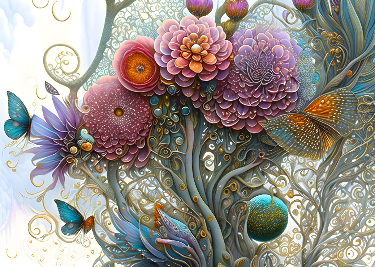 Digital Artwork: Ornate Flowers, Swirling Patterns, Detailed Butterflies