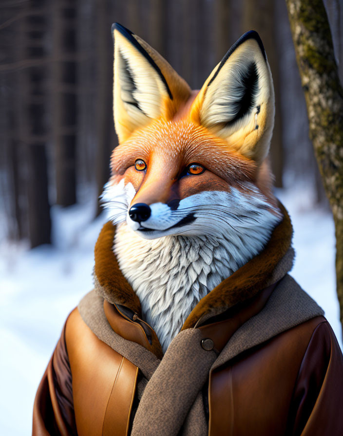 Anthropomorphic fox in brown leather jacket in snowy forest setting