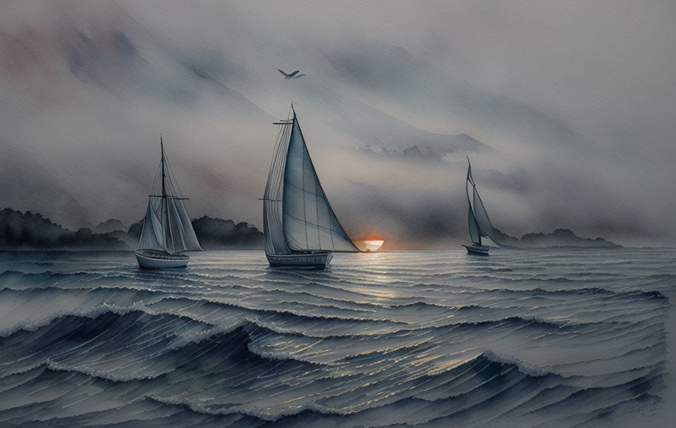 Scenic painting of sailboats on wavy sea at sunset