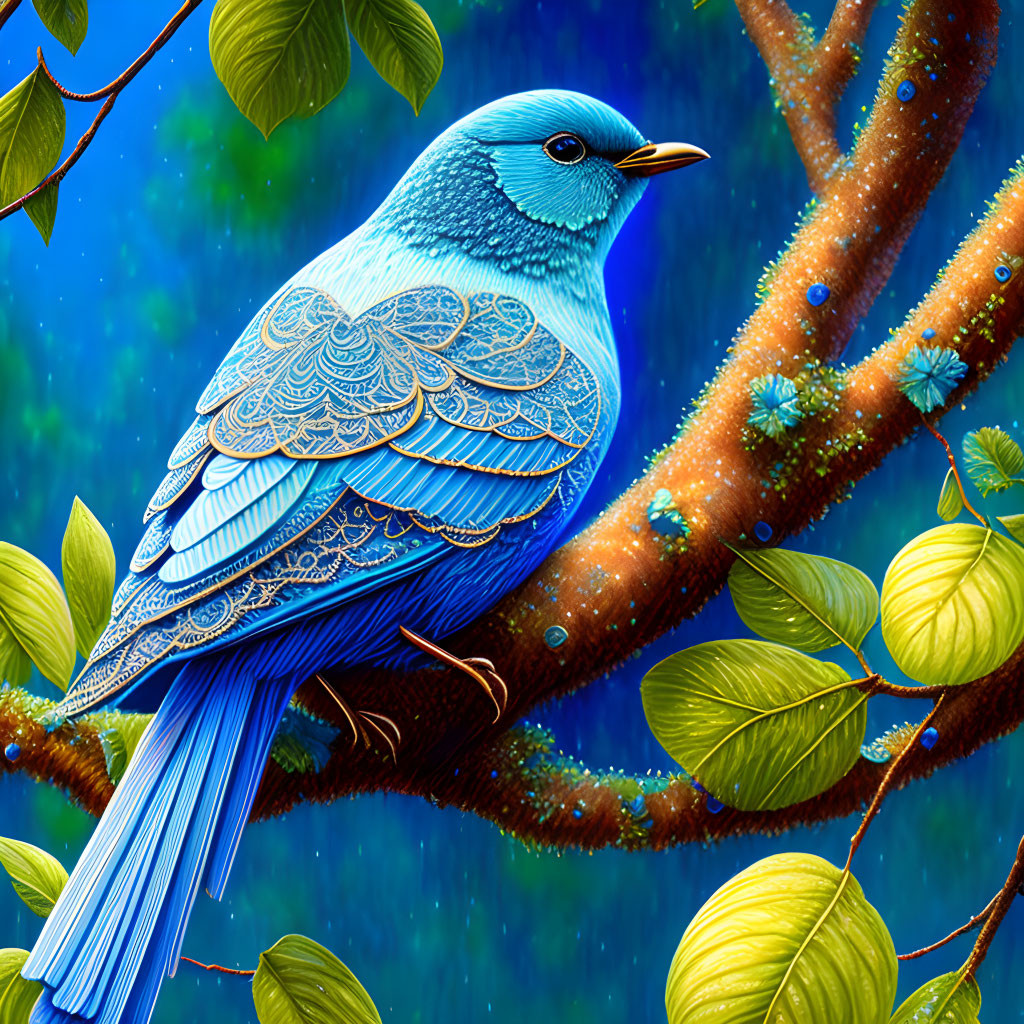 Colorful digital illustration of a blue bird on branch with intricate patterns.