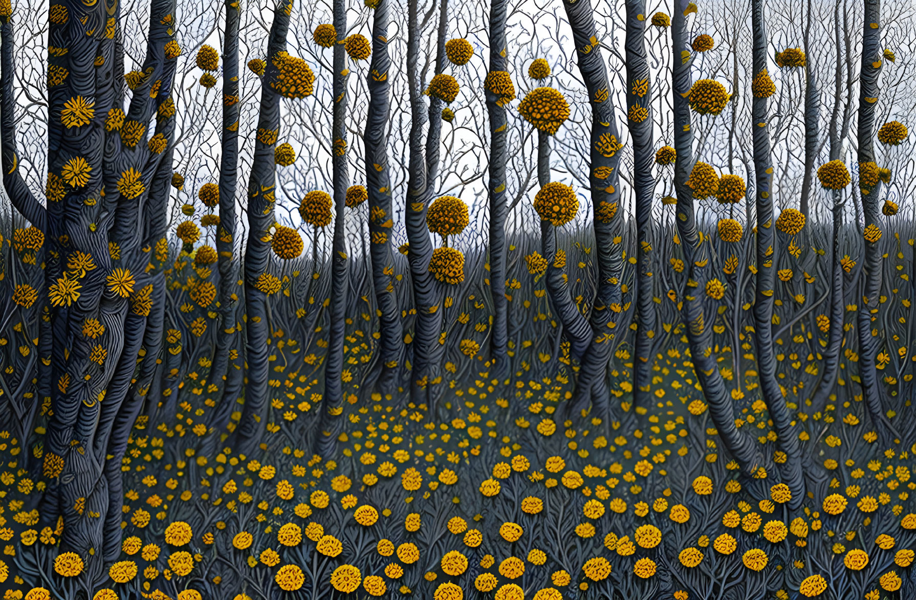 Monochromatic forest illustration with stylized trees and yellow flowers