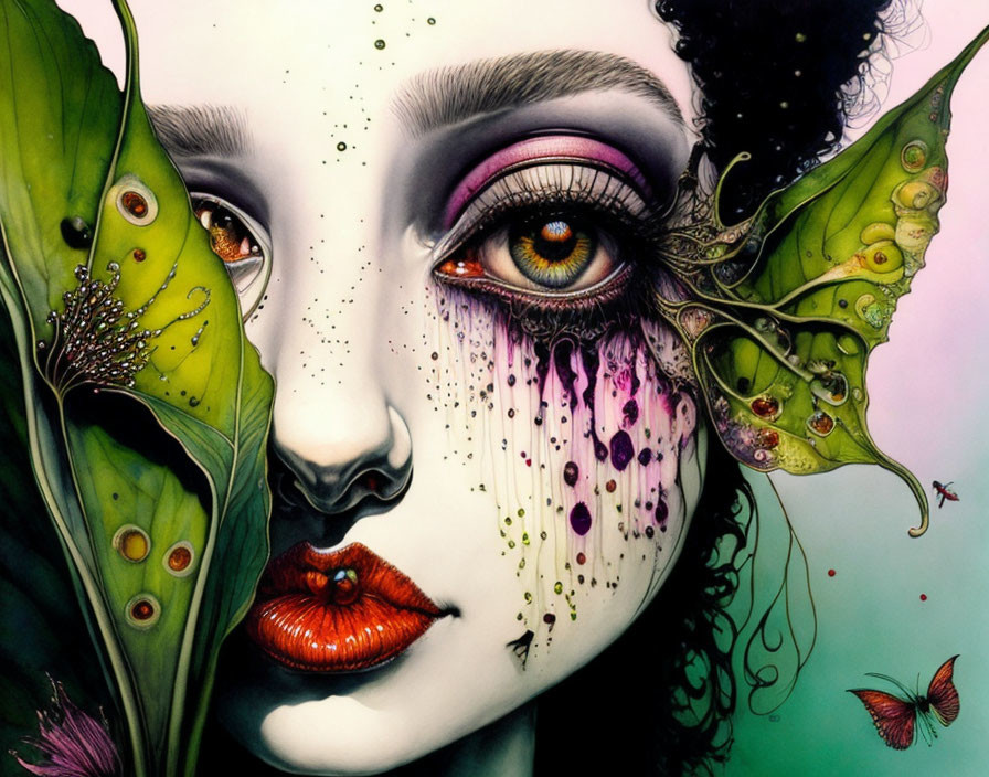 Colorful woman's face with butterfly-winged eyes and nature-inspired elements.