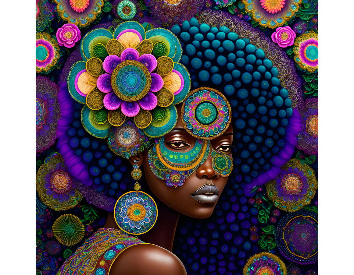 Vibrant woman illustration with colorful floral afro on psychedelic background