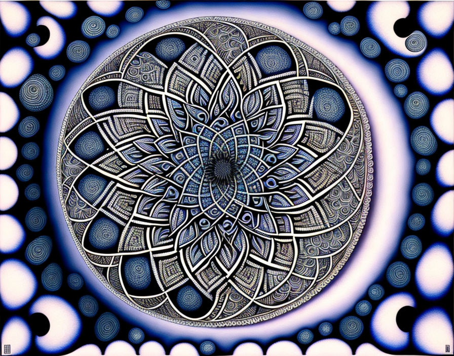 Intricate Blue and White Mandala on Dotted Background