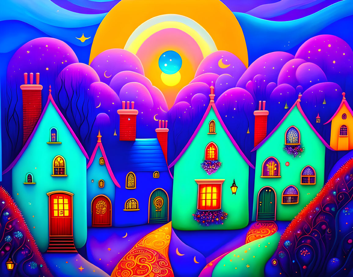 Whimsical night scene: vibrant houses, curvy shapes, large moon, stars