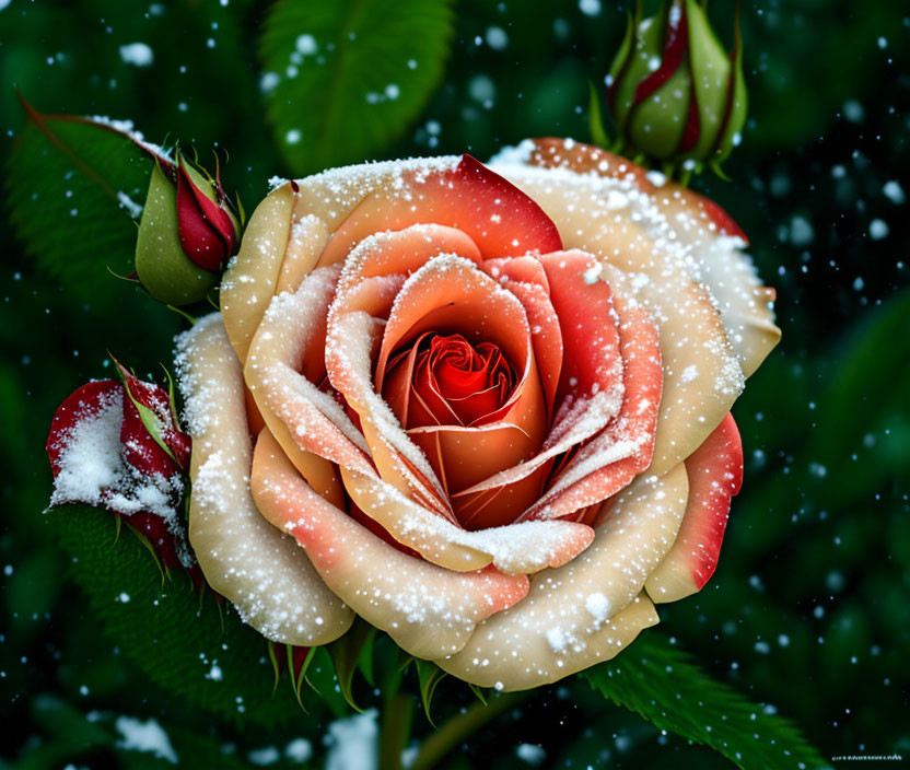 Cream to Pink Gradient Rose with Snowflakes on Dark Snowy Background