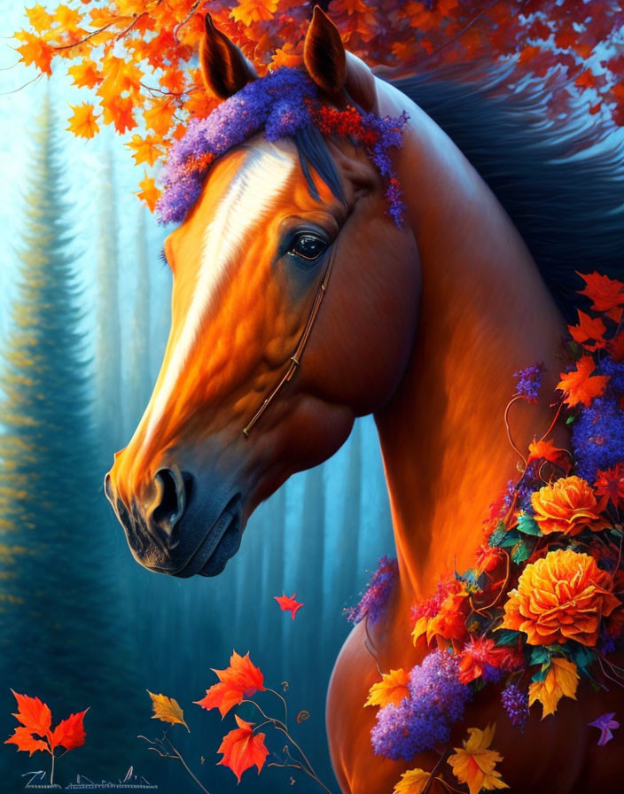 Chestnut horse with purple and orange flowers in blue forest landscape