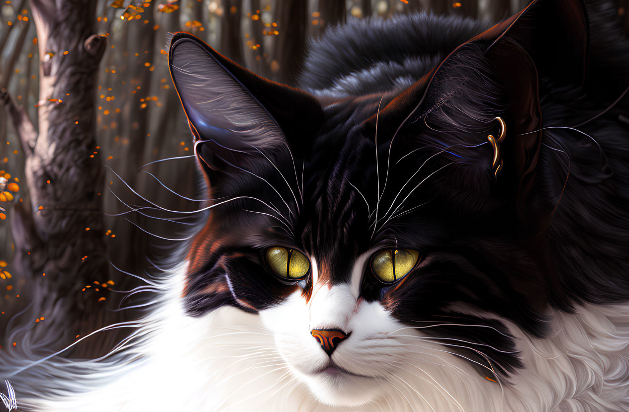 Detailed Close-Up Digital Art of Fluffy Black and White Cat with Green Eyes and Glowing Orange Part